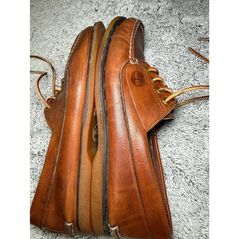 Vintage Timberland USA Made 10M Leather Camp Moc Shoe Vibram Sole Brown Handsewn